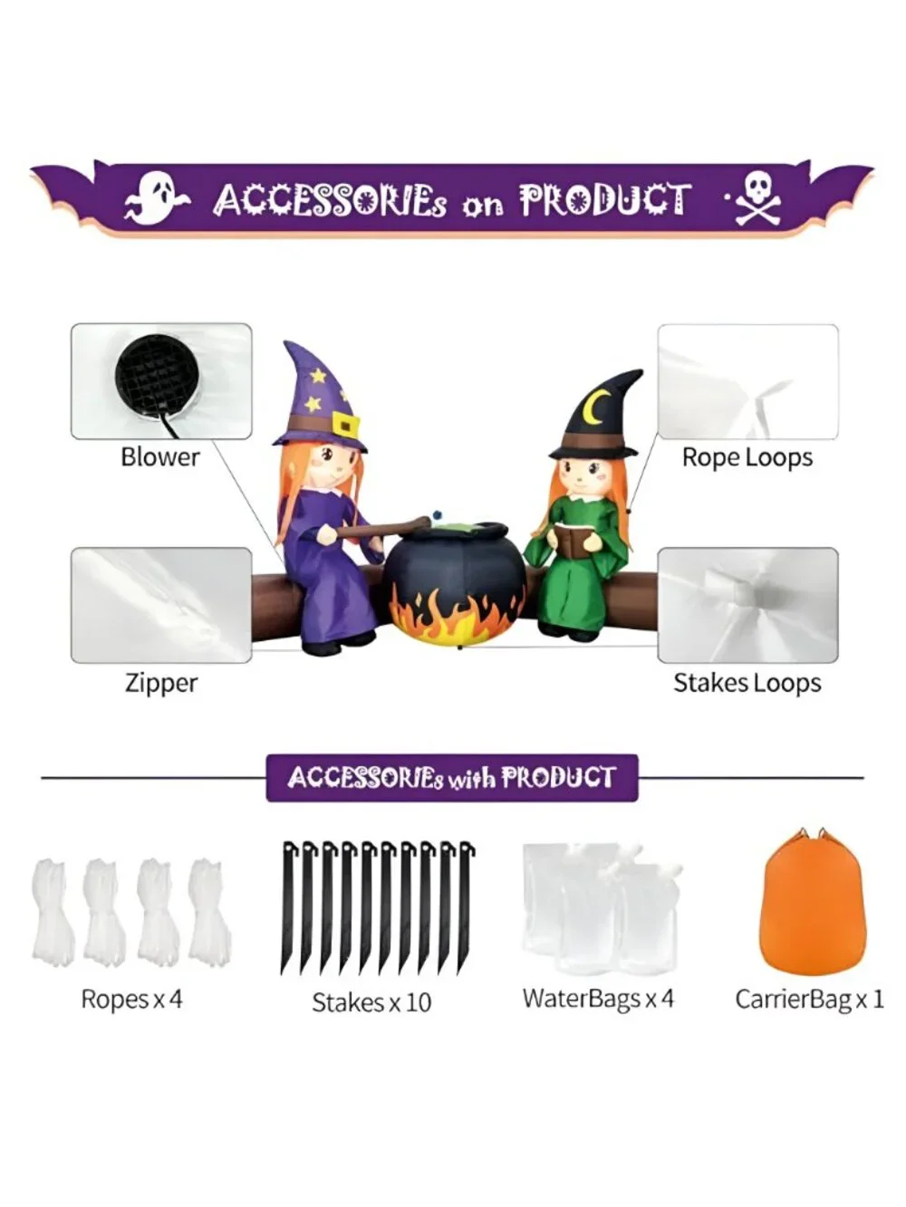 6FT Halloween Inflatable Blow Up Decorations, Cute Witches with Cauldron Over
